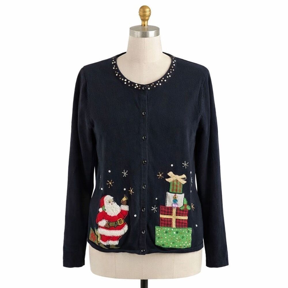 Designers Original Christmas Sweater Cardigan Beaded Santa Gift Vintage Chic 80s